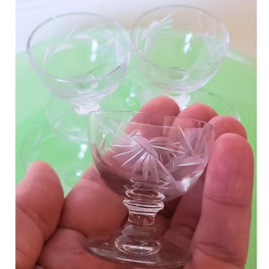 May include: Set of four clear glass shot glasses with an etched leaf design. The glasses have a short stem and a round base.