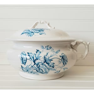 Antique Blue Transferware Chamber Pot K.T&K Co Aqua Teal Flowers Vintage Bowl Handle Farmhouse Decor