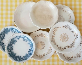 Antique Vintage Butter Pat Lot Johnson Brothers England White Scalloped Blue Set of 8