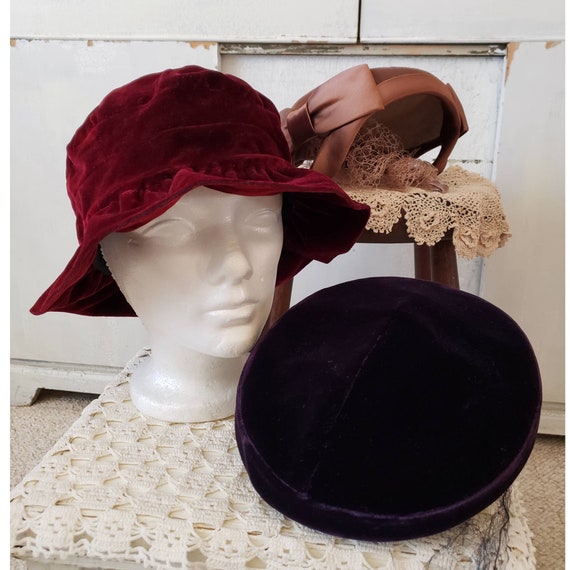 Lot of Vintage Women's Velvet Hats Beret Pillbox Cloche Bucket Burgundy  Purple Brown Tan Janis 1940s 