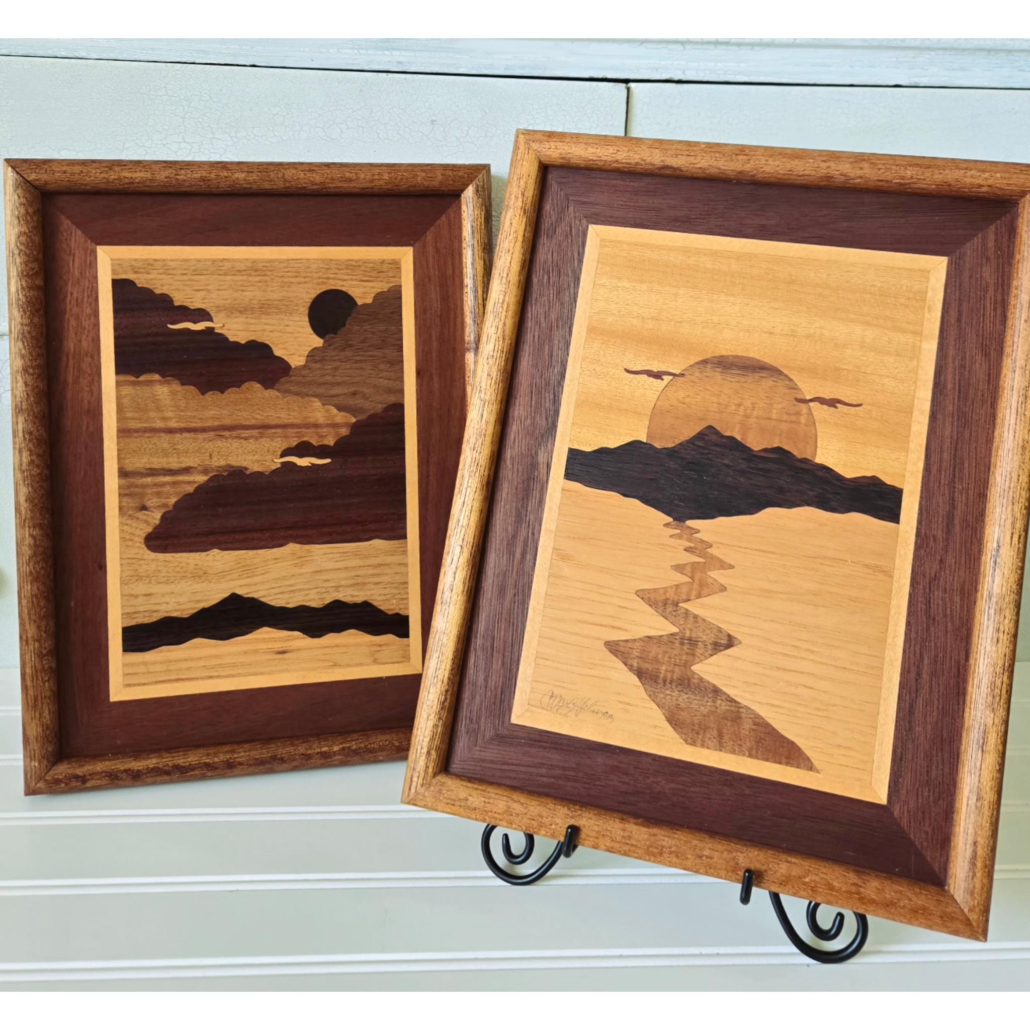 Vintage Jeff Nelson Wood Inlay Pictures Hudson River Sunset