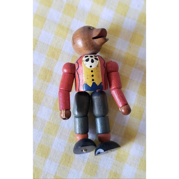 Vintage Jointed Wood Man in Suit Figurine Bead and String Unusual Antique Toy Wooden Doll
