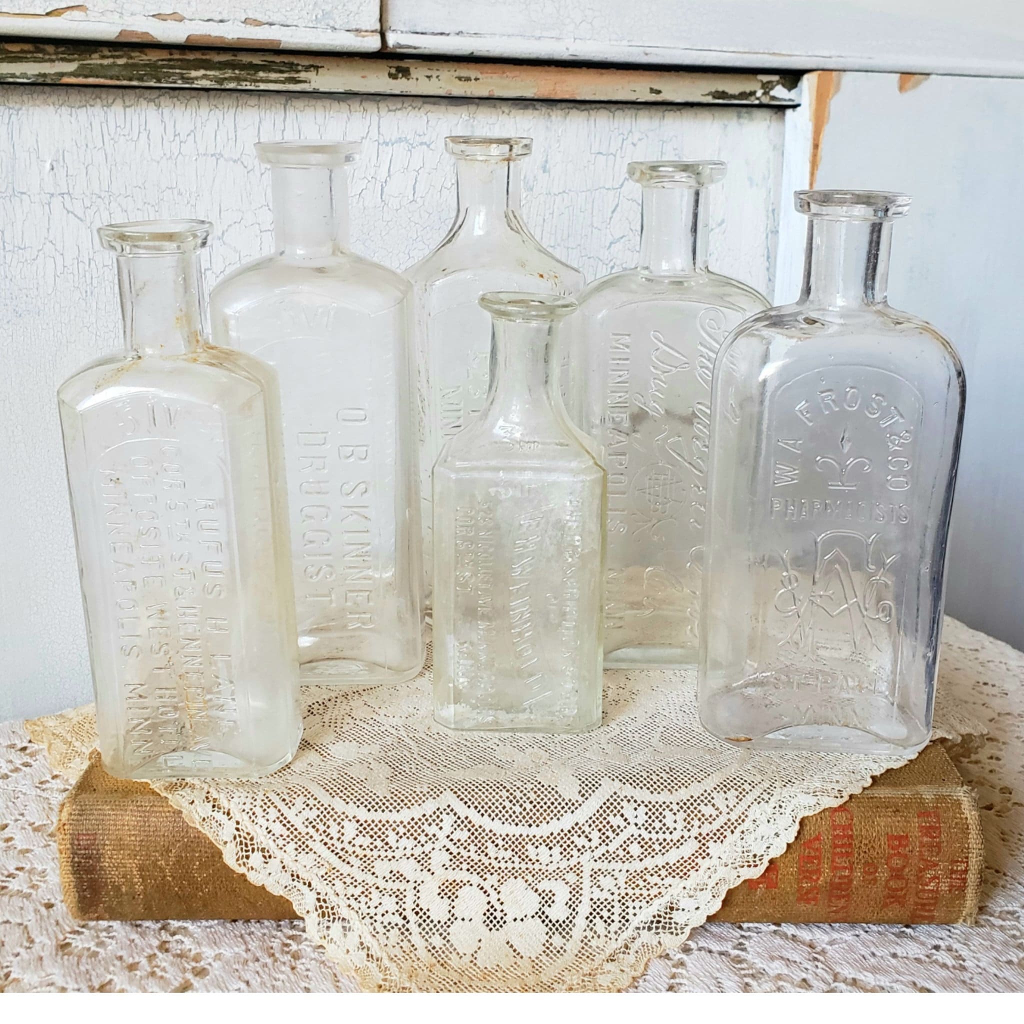 6 Antique Pharmacy Bottles Lot of Vintage Drug Store Minneapolis Minnesota Glass Medical Advertising Relief Print