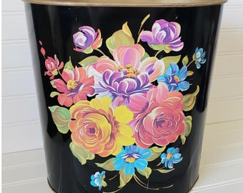 Vintage Decorate Metal Trash Can Flowers Black with Gold Bathroom Decor Bouquet Blue Pink Yellow Purple Boudoir Bedroom 1950s 60s Retro