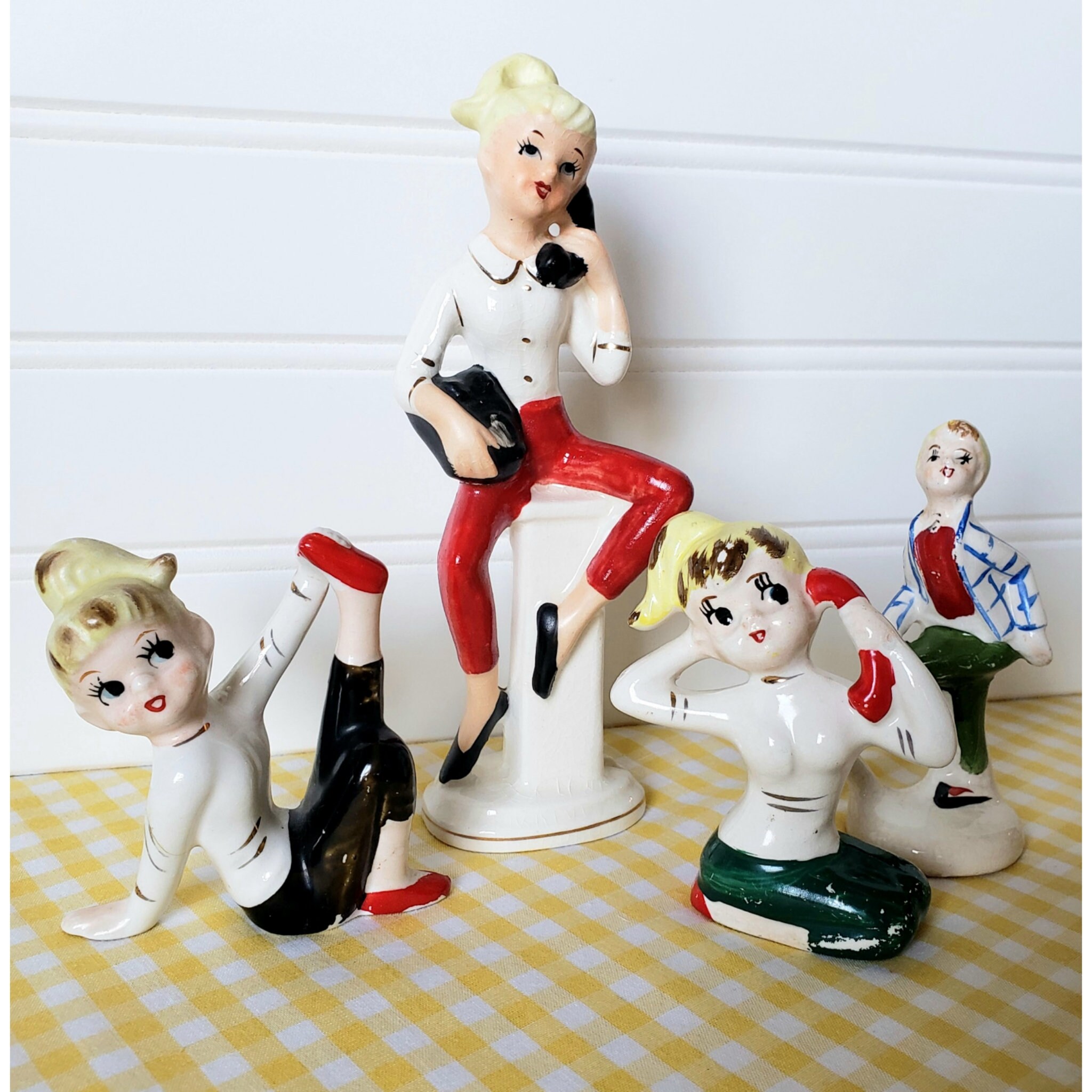 Vintage Teen Girl Figurines Lot Phone Ponytail 50s Teenager Pen