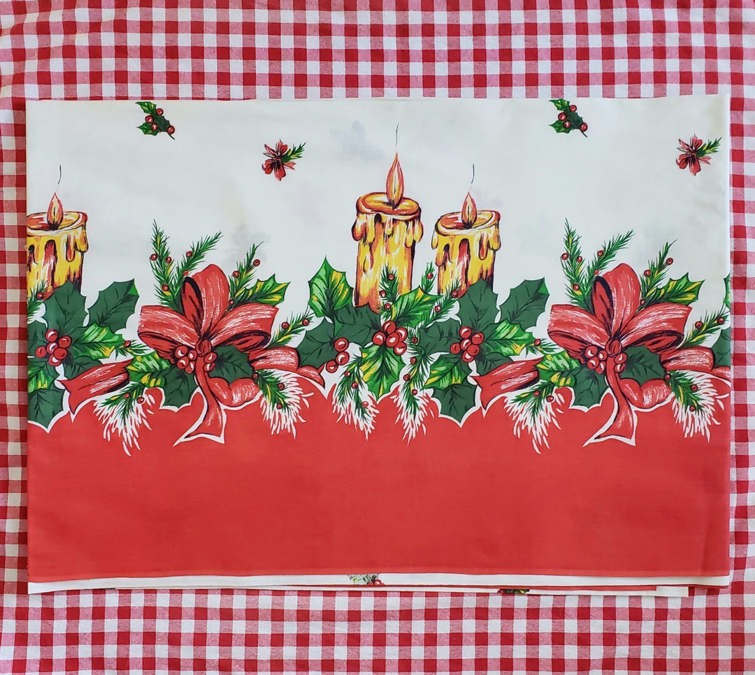 Vintage 4 Yards Christmas Border Print Fabric Candles Holly Aprons vintage-4-yards-christmas-border-print-fabric-candles-holly-aprons