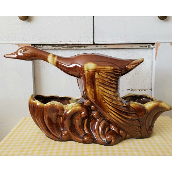 Vintage Duck TV Lamp Planter Brown Glaze Drip Rare Cabin Hunting Decor Accent Light