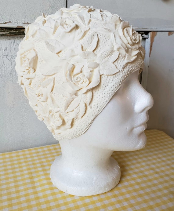 Swim Cap Latex White With Flowers Roses Textured Vint… Gem