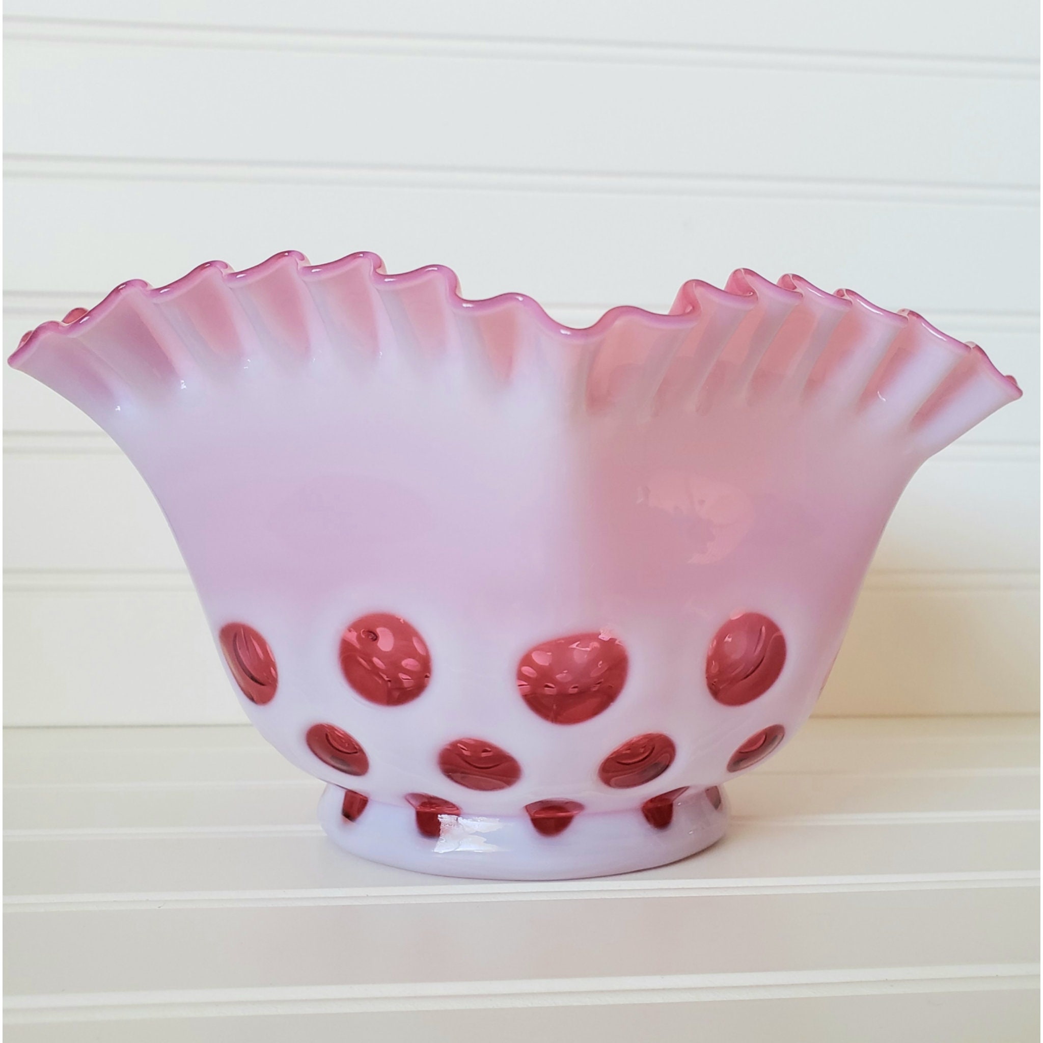 Vintage Large Fenton Coin Dot Cranberry Opalescent Bowl Ruffled Crimped ...