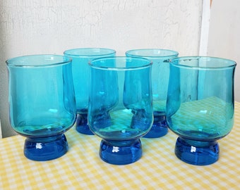 Vintage Aqua Blue Glasses Tivoli Tumbler Mid Century Anchor Hocking Low Ball Barware Drinkware Drinking
