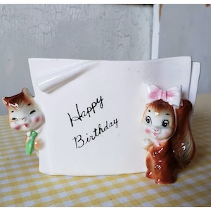 Vintage Napco Birthday Planter Squirrel Rare Anthropomorphic Happy Birthday Collectable A1746D Kitschy Cute Figurine Mid Century