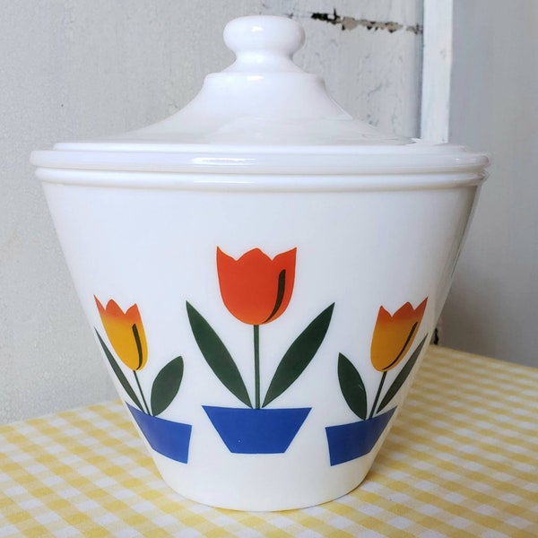 Fire King Grease Jar Tulip Design Reproduction Fireking Canister With Lid Nesting Bowl