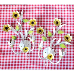 Vintage French Toleware Flower Sconces Lights Yellow Flowers Metal Wall Lighting