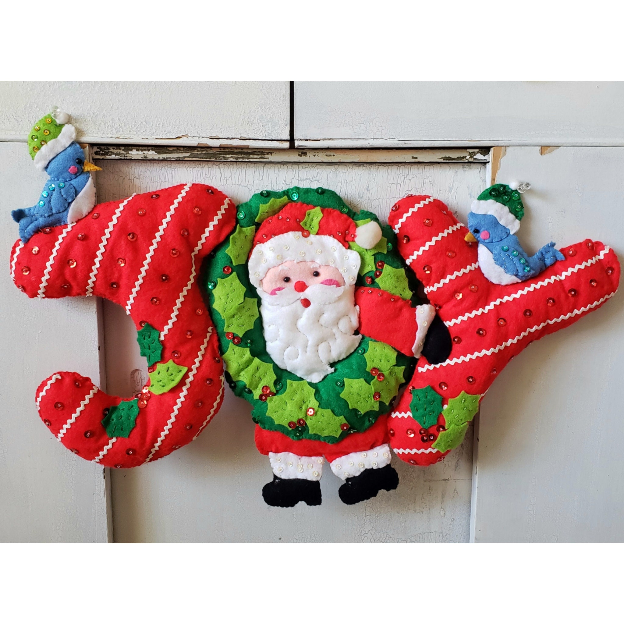 39 Christmas Room Ideas for Every Space in Your Home: Transform Your House into a Winter Wonderland 26 FINISHED Felt and Sequins Christmas Santa JOY Wreath with Blue Birds…