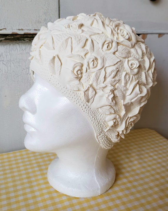 Swim Cap Latex White With Flowers Roses Textured Vint… Gem