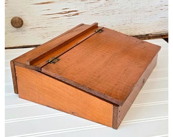 Antique Wood Travel Lap Writing Desk Vintage Slanted Hinged Lift Top Lid with Document Storage Small