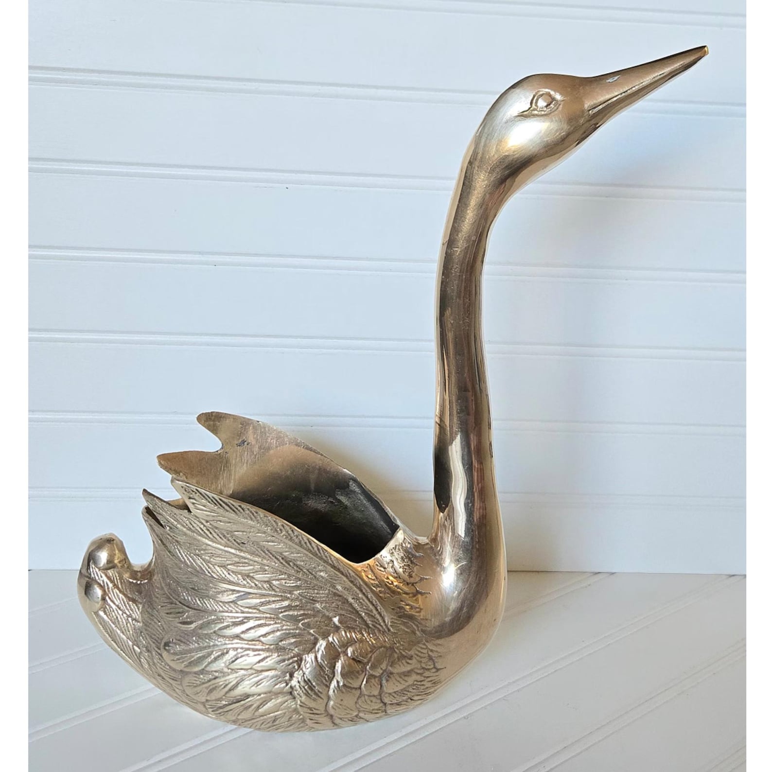 Vintage Brass Swan Planter Large Tall Mid Century Modern Decor Gold Flower Pot 13" Tall Goose Bird