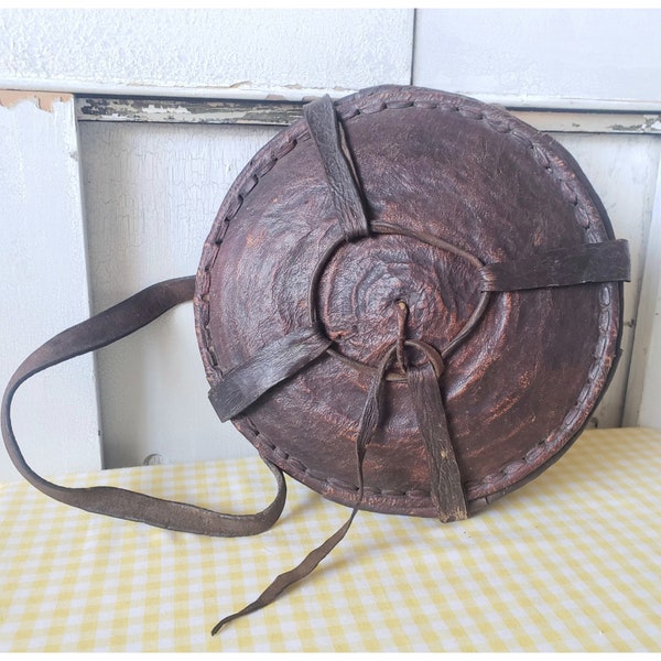 Vintage Ethiopian Leather Covered Basket Injerra Bread Antique Primitive Tribal Lunch Box