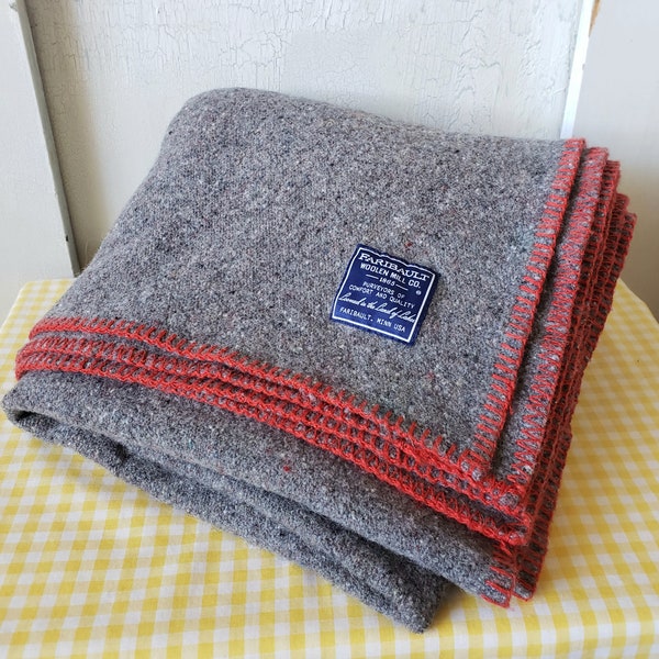 Faribault Woolen Mill Gray Blanket Red Stitches Grey Throw