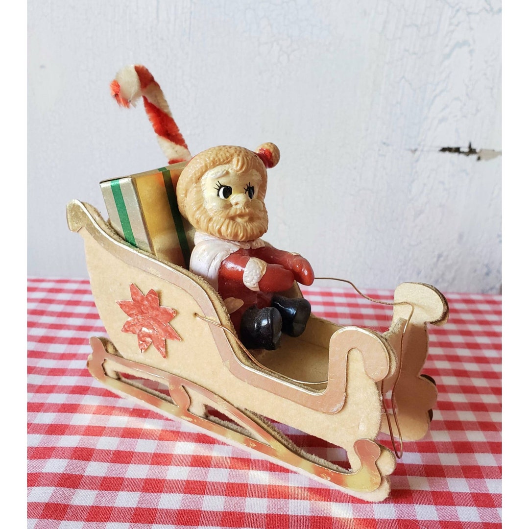 Vintage Cardboard Sleigh With Plastic Santa Flocked Christmas Made in