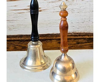 Vintage Brass Bells with Wood Handles Hand Bell Brown Black School Bell Dinner Bell Set of 2 Lot