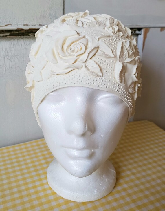 Swim Cap Latex White With Flowers Roses Textured Vint… Gem