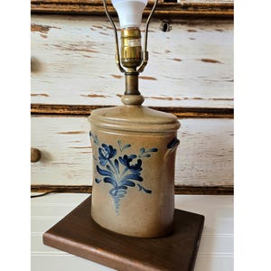 Vintage Salt Glaze Pottery Lamp Blue Flowers Oval Wood Base Crock Style Farmhouse Primitive Cabin