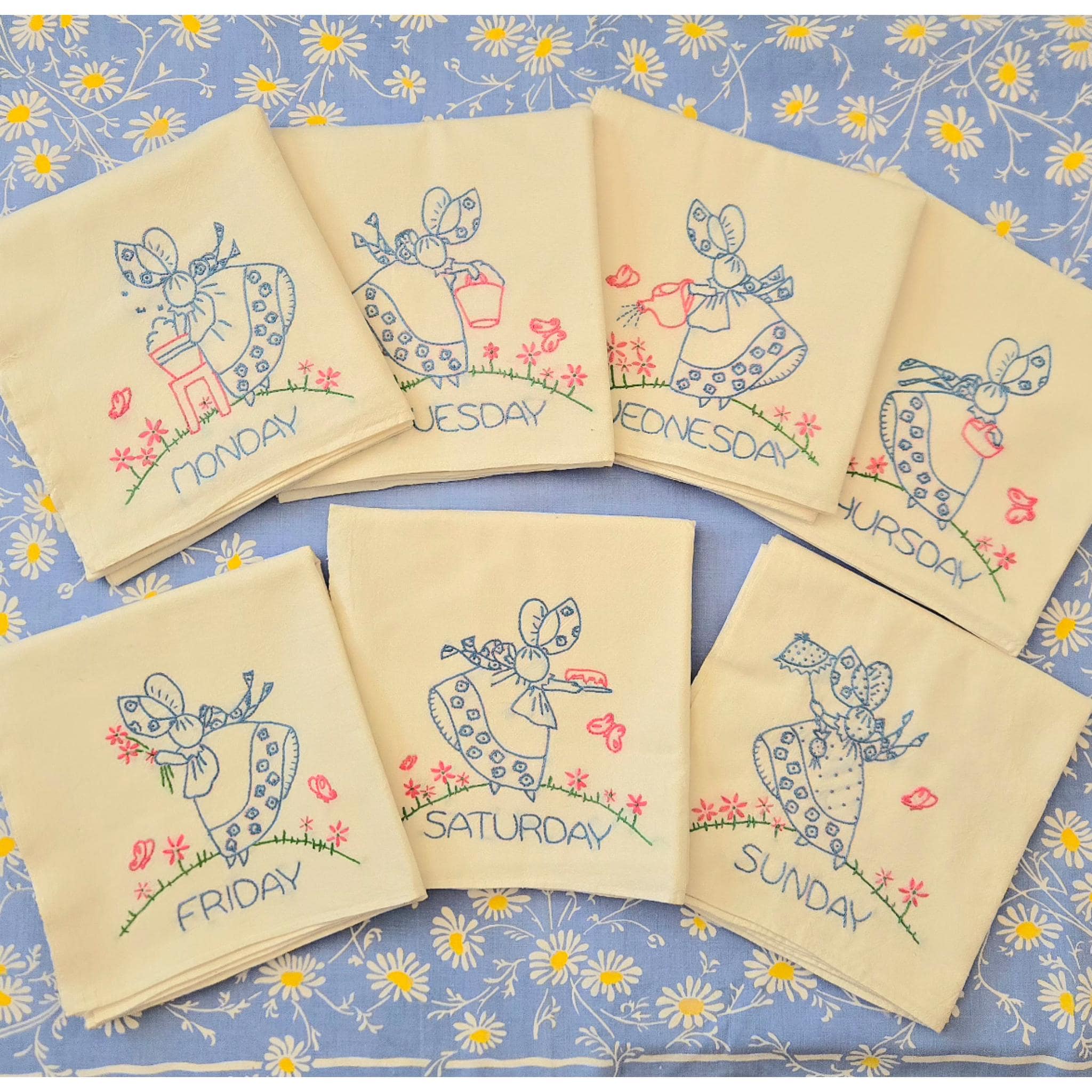Vintage Days of the Week Towels Garden Girls White Flour Sack ...