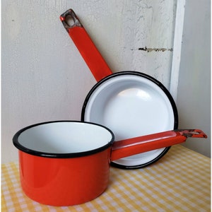 Vintage French Enamelware Pans Red White Black Set of 2 Pots Antique Cookware