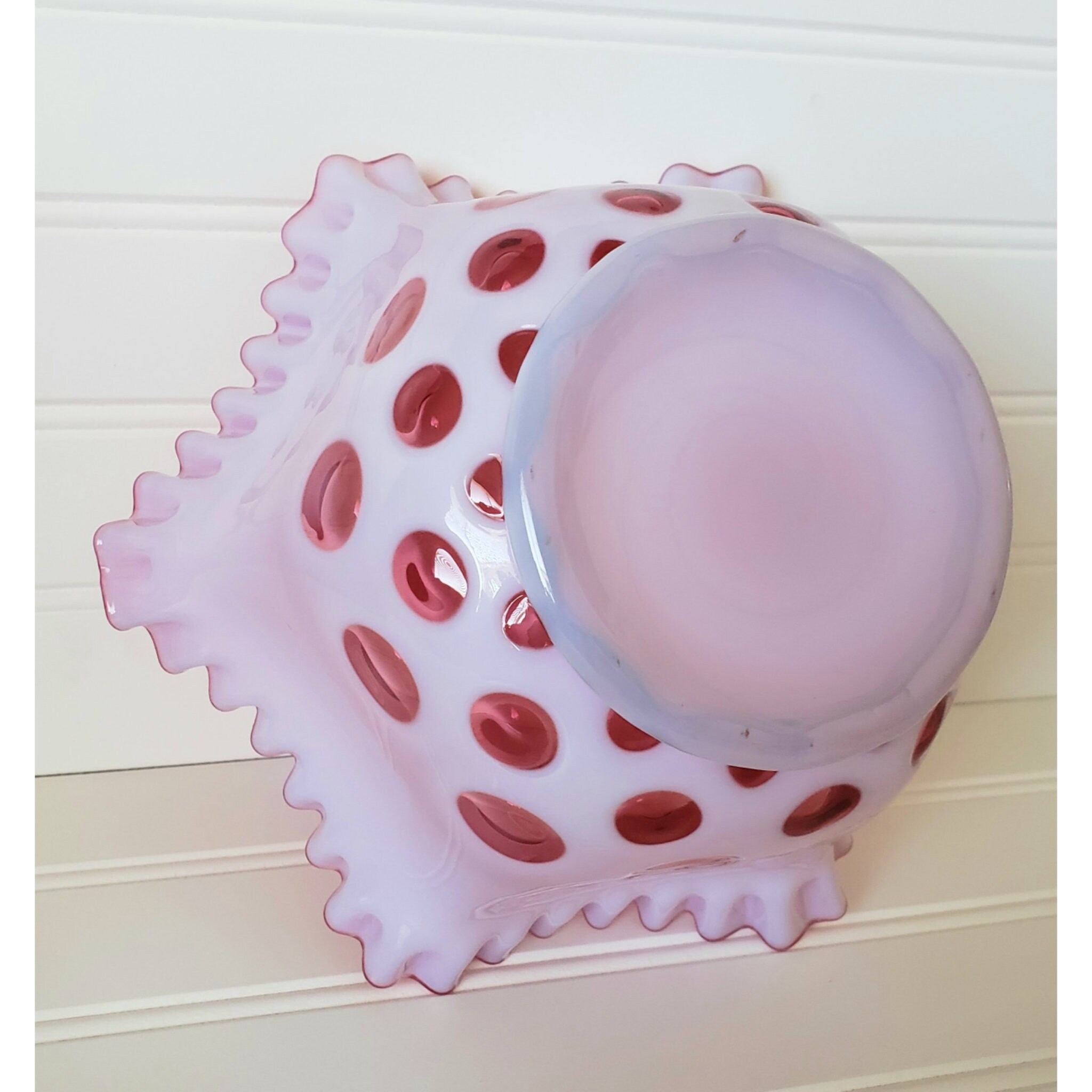 花瓶・フラワースタンド VINTAGE FENTON COIN DOT BOWL Vtg Fenton Coin Dot Bowl Topaz Opalescent Double Crimp Cased