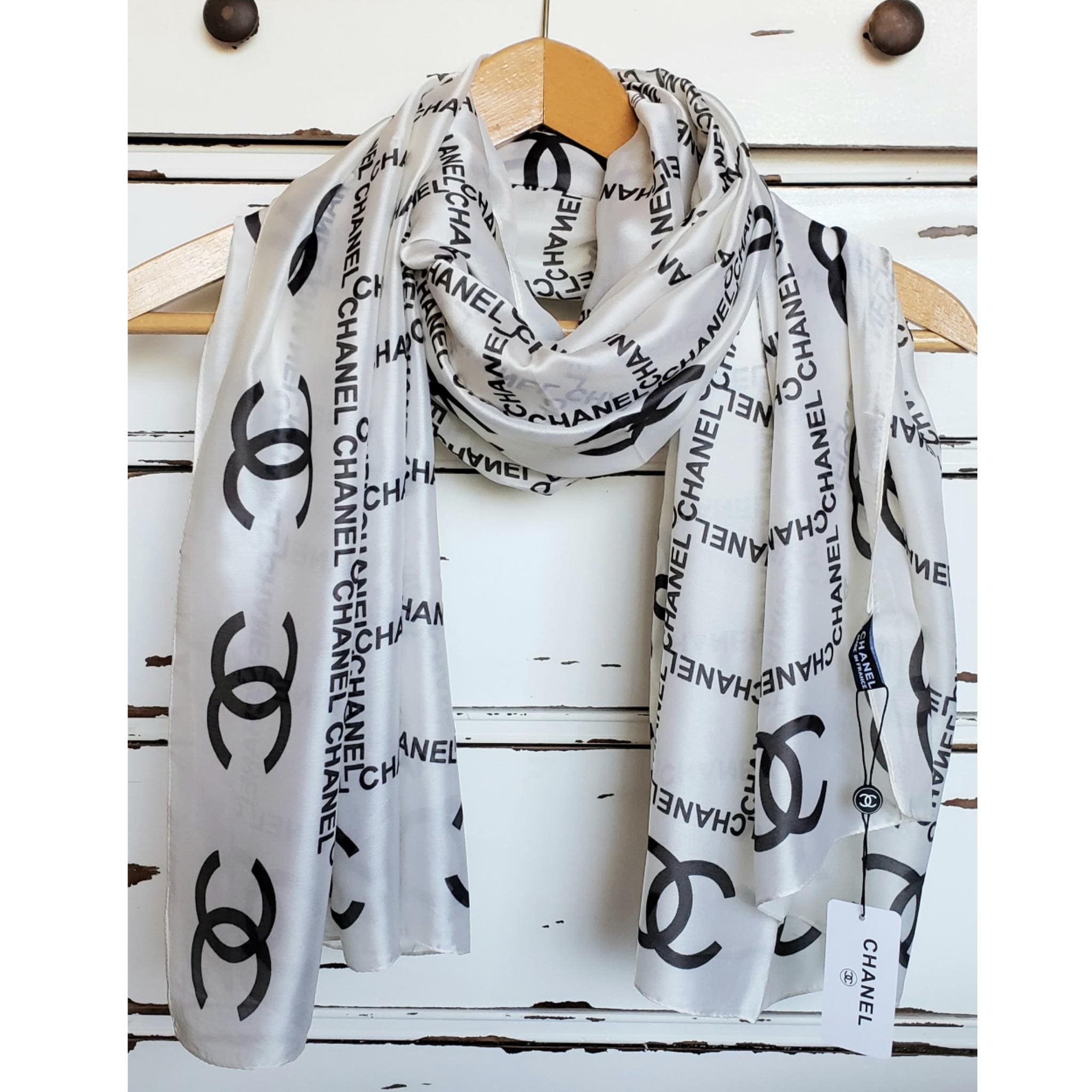 Chanel Silk Stole Scarf Wrap White Black New With Tags Made