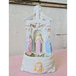 Antique Holy Water Font Antique French Paris Mary Jesus Porcelain Ceramic Religious Angel Jesus