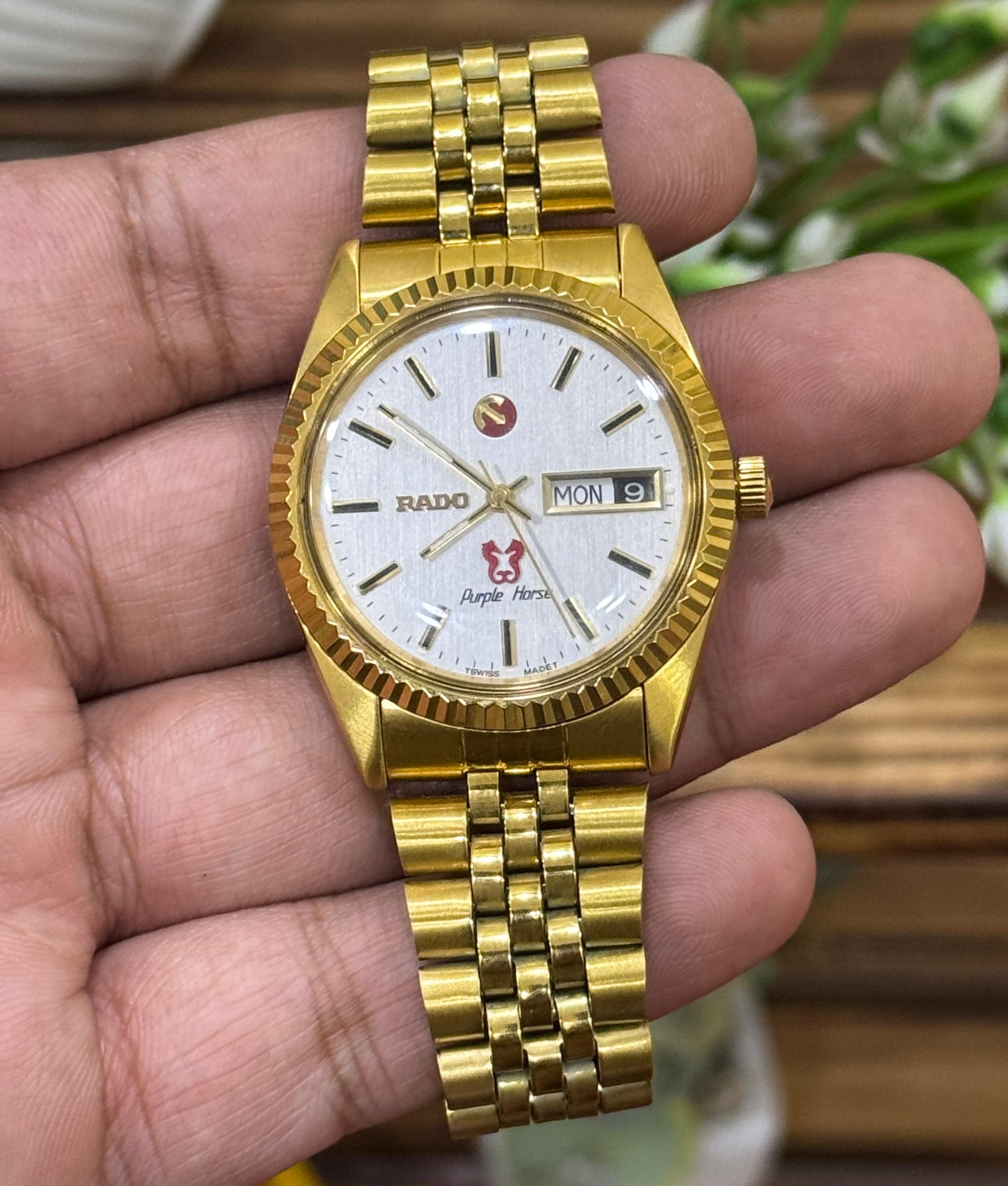 Vintage Rado Purple Horse White Sunburst Dial Wrist Watch for Mens