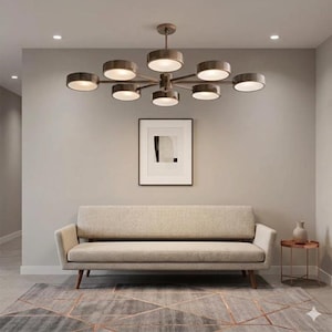 Lustre Mid-Century en laiton moderne : plafonnier à 8 lumières de style Stilnovo, suspension rétro Spoutnik, éclairage de salle à manger élégant et de salon