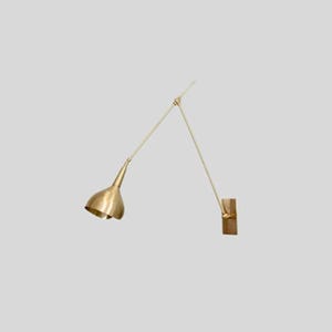 May include: A brass-colored wall-mounted lamp with an adjustable arm. The lamp features a bell-shaped shade and a rectangular wooden base. The arm extends from the base, allowing for directional lighting. The lamp's design is minimalist and modern.
