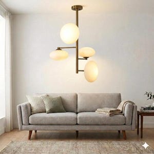 Lámpara de araña Sputnik de latón cepillado: Lámpara de techo semiempotrada de estilo moderno de mediados de siglo, colgante de latón de 4 globos, iluminación minimalista para comedor.