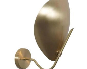 Mid Century Raw Brass Wall Sconce: Curved Metal Shield Lamp, Modernist Sputnik Wall Light, Scalloped Sconce for Living Room or Hallway