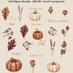 Peut inclure: Un ensemble d'illustrations numériques comprenant des éléments sur le thème de l'automne, notamment des citrouilles, des feuilles de chêne, des brins de lavande, des boutons de rose et des petits oiseaux sur des branches de baies.