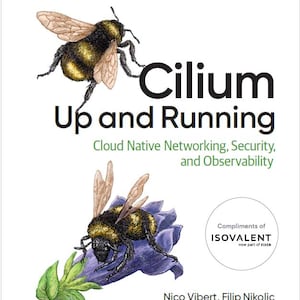 Pode incluir: Capa do livro "Cilium Up and Running" com ilustrações de abelhas. O livro aborda redes nativas da nuvem, segurança e observabilidade. Autores: Nico Vibert, Filip Nikolic e James Laverack. Editora: O'Reilly.