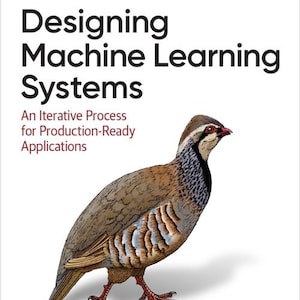 Könnte beinhalten: Buchcover von "Designing Machine Learning Systems" von Chip Huyen. Es zeigt eine detaillierte Illustration eines Vogels mit braunen, beigen und weißen Federn. Das O'Reilly-Logo befindet sich oben. Der Untertitel lautet "An Iterative Process for Production-Ready Applications."