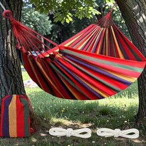 Hamac en toile extérieur rayé en coton double camping jardin jardin patio suspendu balançoire portable avec sac de transport cadeau