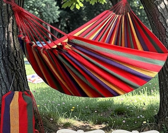 Canvas Hammock Outdoor Striped Cotton Double Camping Garden Backyard Patio Hanging Swing Portable with Carry Bag Gift