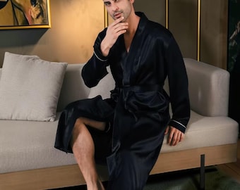 Bata de satén de seda para hombre, bata de baño de lujo, manga larga, ropa de estar por casa, ligera, estilo kimono, regalo para spa en casa para él.