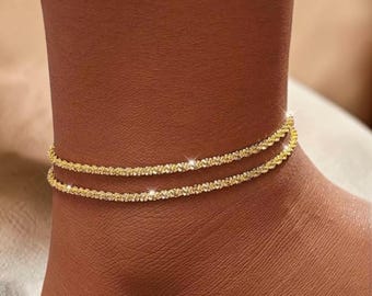 Ensemble de bracelets de cheville en or imperméables, bracelets de cheville superposés en argent 925, bracelets de cheville délicats empilés, bijoux de plage réglables, cadeau pour femme