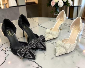 Luxury Rhinestone Bow High Heels Pointed Toe Pumps Elegant Bridal Shoes Womens Wedding Party Heels
