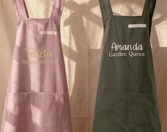Personalized Cross Back Apron with Pockets, Embroidered Japanese Pinafore Apron for Women, Kitchen Cooking Baking Gift