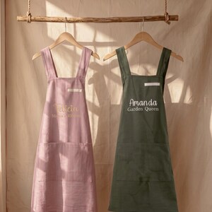 Personalized Cross Back Apron with Pockets, Embroidered Japanese Pinafore Apron for Women, Kitchen Cooking Baking Gift