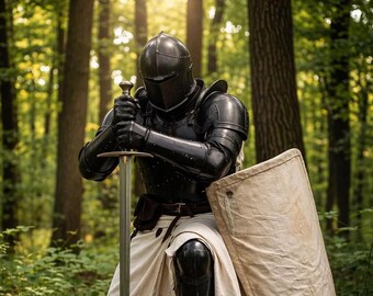 Black Barbuta Knight Armor Suit | Full Plate Steel Armor | Reenactment, LARP, Cosplay Display