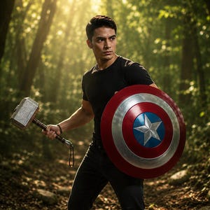 May include: A person holding a silver hammer and a red, white, and blue shield with a star in a forest setting. The shield is round with a silver rim and a blue center. The hammer has a wooden handle.