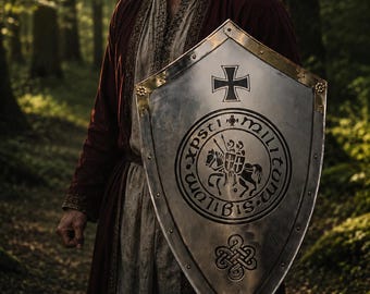 Personalized Templar Knight Steel Shield | Medieval Crusader Heater Shield 18x28 Inch